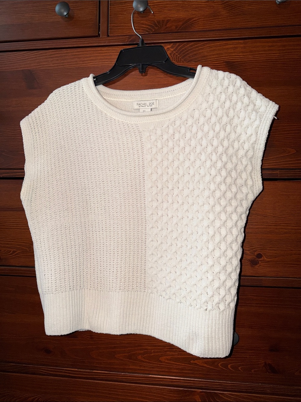 Rachel Zoe Mixed-Knit Sleeveless Crewneck Short Sleeve Sweater Off-White Size L